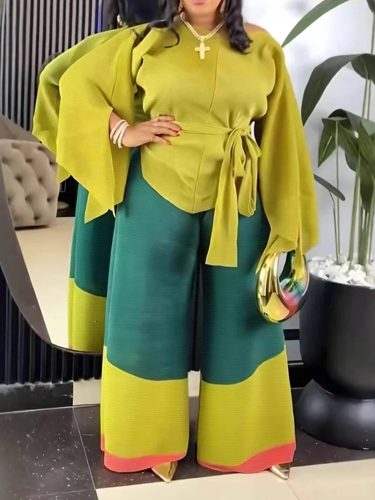 LANMREM 2025 Spring New Pleated 2 Piece Set Women\'s Belt Irregular Tops + Contrast Color Wide Leg Trousers Fashion 32C1949