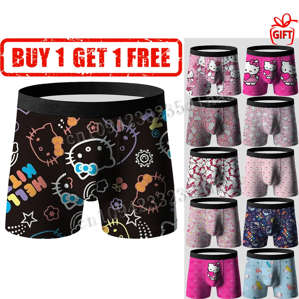 Buy 1 Get 1 Free Hello Kitty Cartoon Printed Men's Underwear Boxer Shorts Panties Men Comfortable Boys Panties Boxershorts