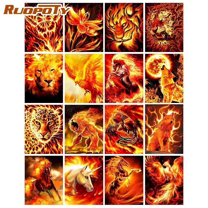 RUOPOTY Diamond Embroidery Cross Stitch Fire Animals 5d Diamond Painting Mosaic Handmade Gift Home Decoration