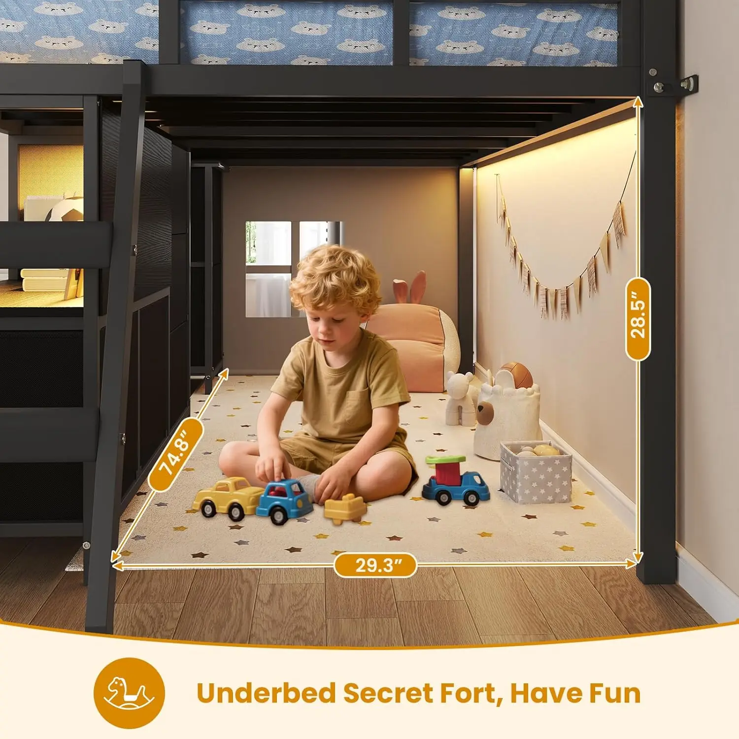 Loft Bed Twin Size with 7 Storage Drawers, Bookcase and LED Lights, Metal Kids Loft Bed with 14