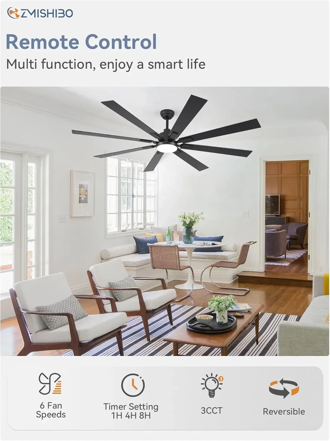 72 inch Large Ceiling Fans with Lights and Remote, Indoor/Outdoor Black Modern Ceiling Fan for Kitchen Living Room Patio