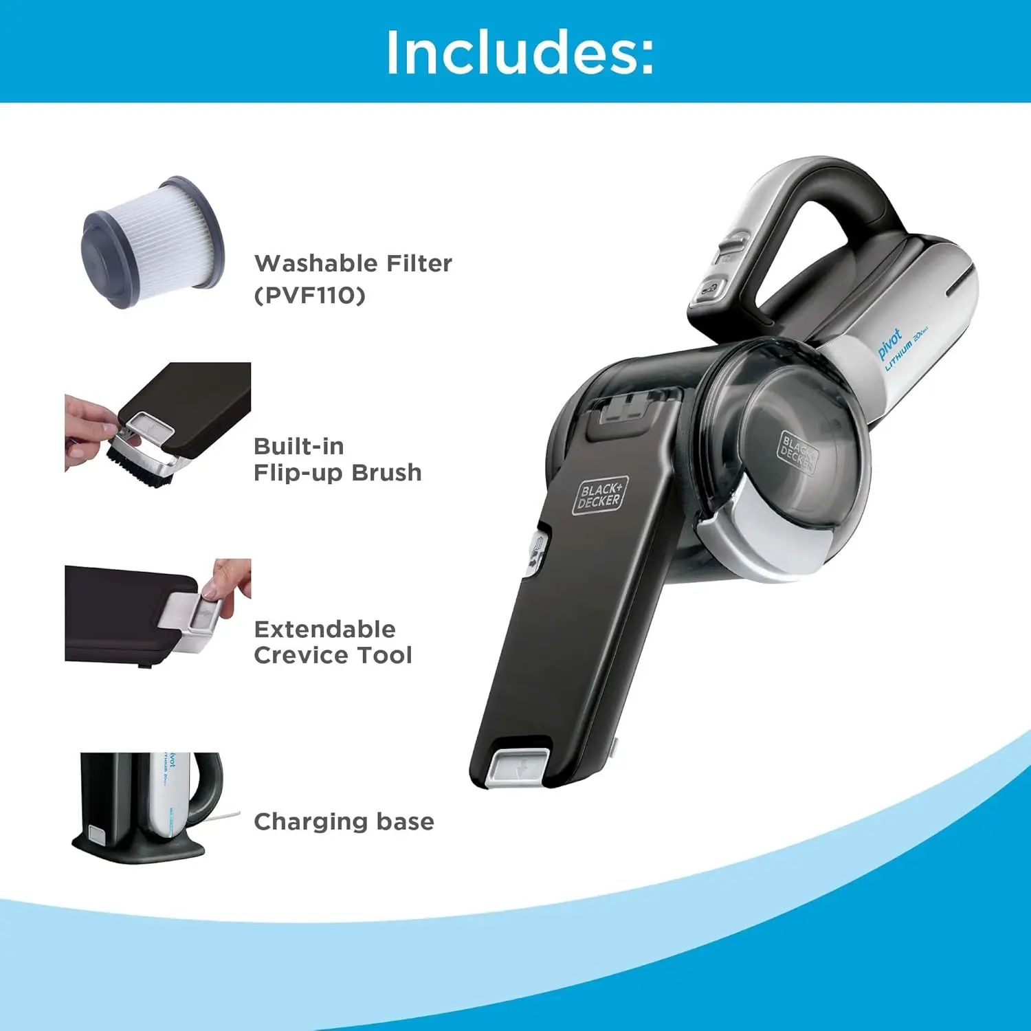 Dustbuster PIVOT VAC 무선 휴대용 진공청소기, 틈새 도구 및 피벗 노즐이 포함된 가정 및 차량용 진공청소기(BDH2000PL)