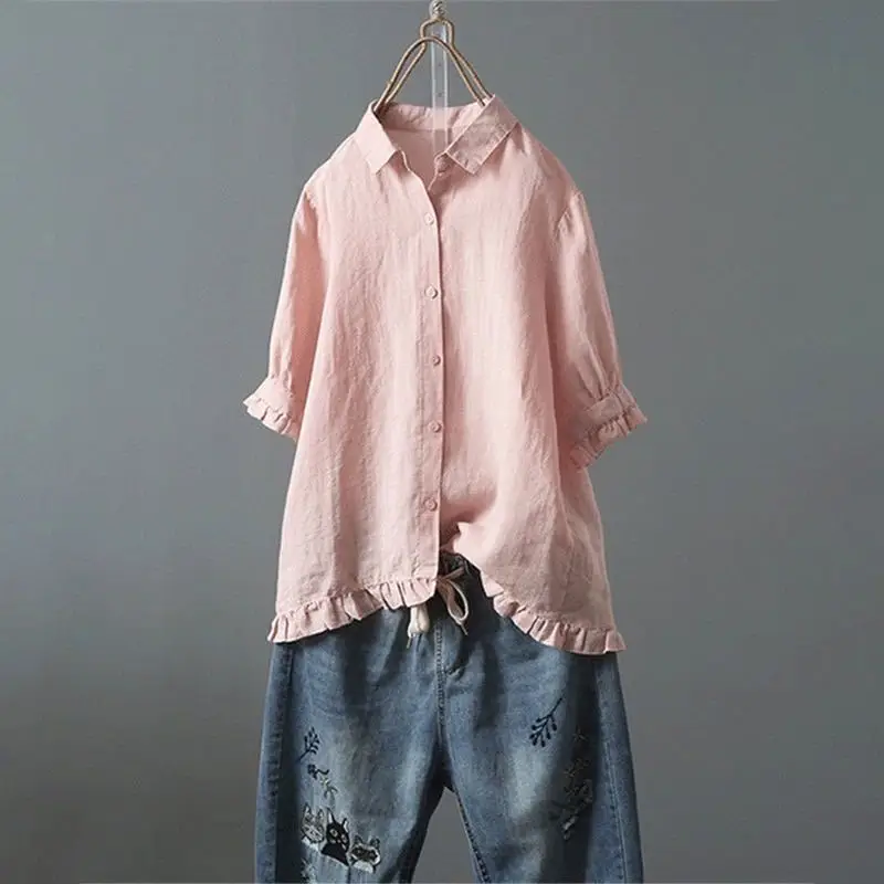 Summer Women's Half-sleeved Shirt Lapel Loose and Extended Ruffled Top Button White Cotton Linen Shirt Blouses