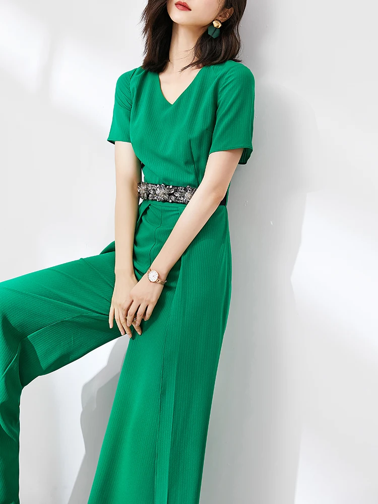 Quality Elegant Women\'s Long Jumpsuits for Girl Casual Fashion Wide Leg Pants Short Sleeves Green Vintage Ladis Party Rompers