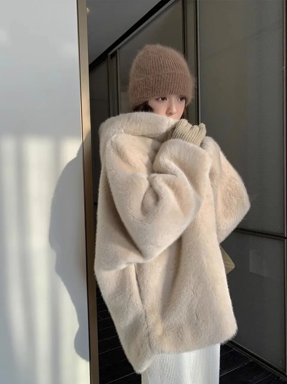 Korean Sle Thi Plu Hooded White Fur Jaet Autumn Warm Lazy Casual Faionable Cotton Coat Women's Long Sve Coat