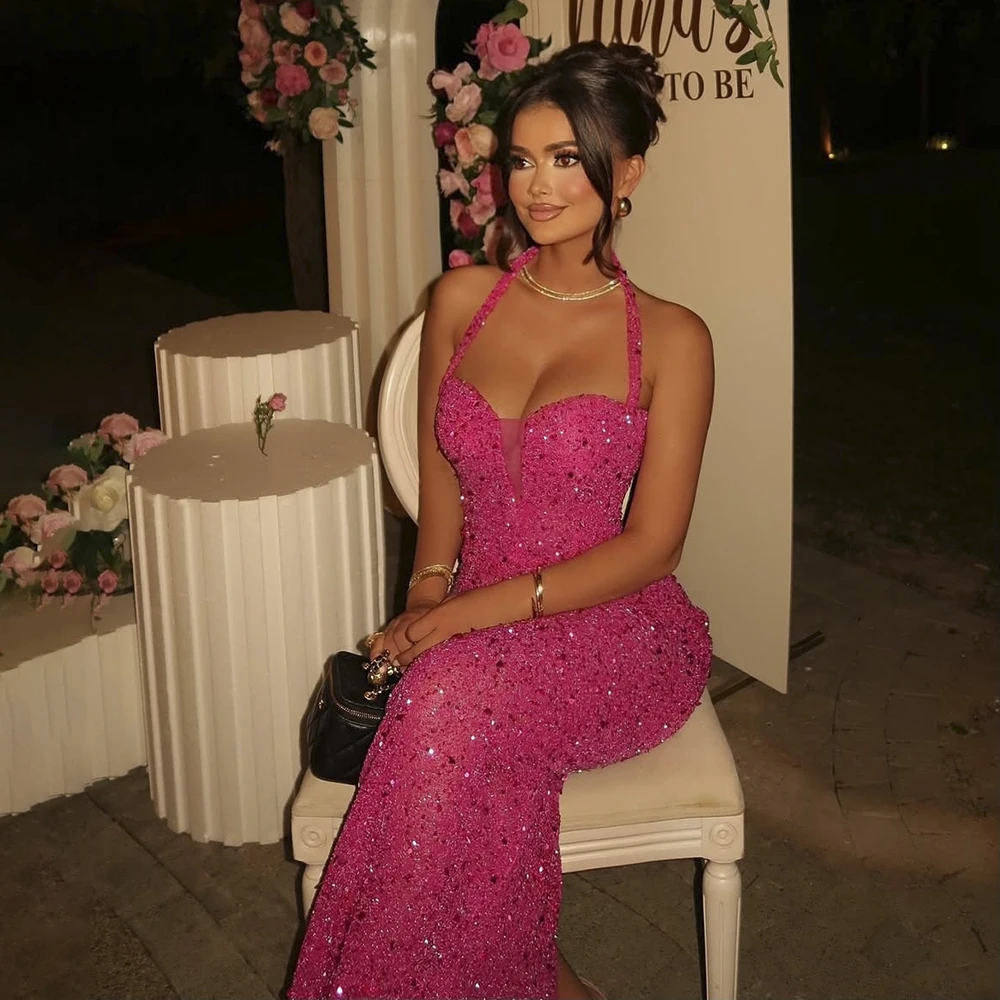KSDN Glitter Evening Dresses Sexy Halter Floor Length Sleeveless Gowns Special Occasion Customzied Dress Formal Mermaid Vestidos