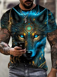 Camiseta masculina com estampa animal 3D, estampa lobo, tops de manga curta, camisetas casuais com gola O, moda streetwear