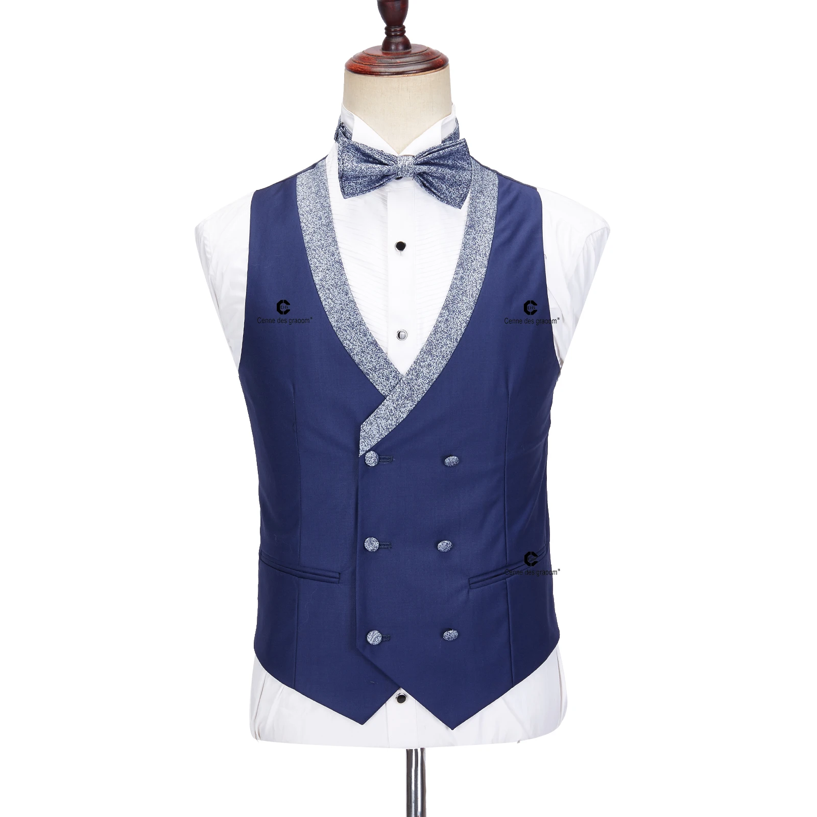 Cenne Des Graoom 2023 Elegant Men Suits Blue Tuxedo 1 Button Blazer Vest Pants with Bowtie 4pcs Set Wedding Evening Dress Prom