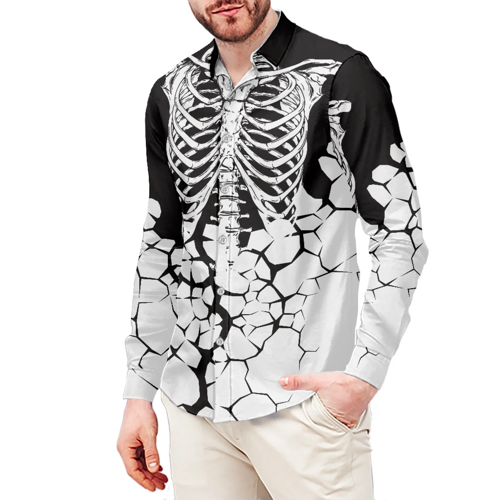 

Wilted Skeleton Rack Polynesian Tribe Hawaiian Casual Sport Style Men's Shirt Stand Collar 6XL Long Sleeve Men's Winter