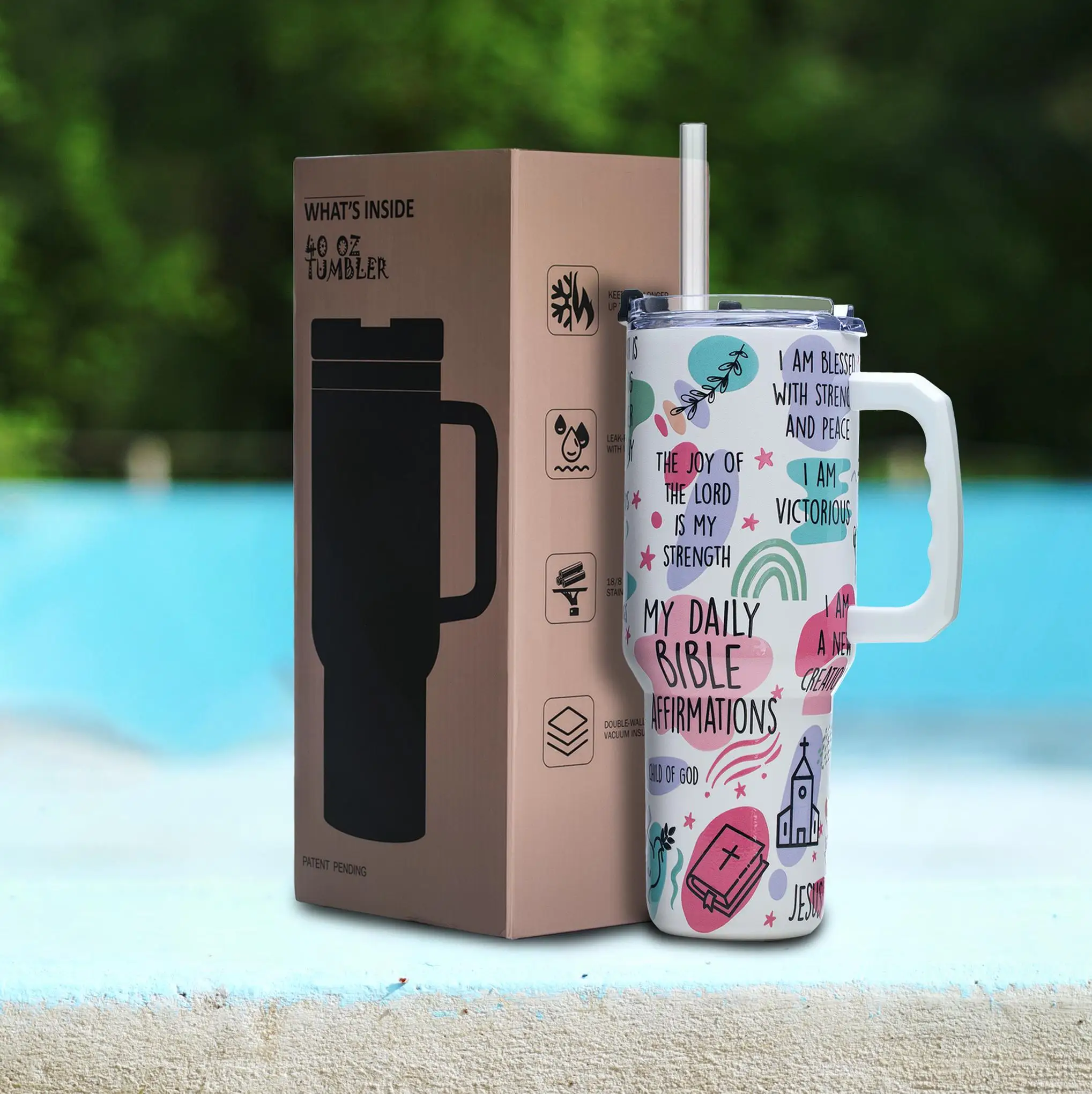 

Christian 40oz Stainless Steel Cup with Daily Bible Affirmations, Flip Lid, Straw, Vacuum Insulated, Gift for Christian Mom