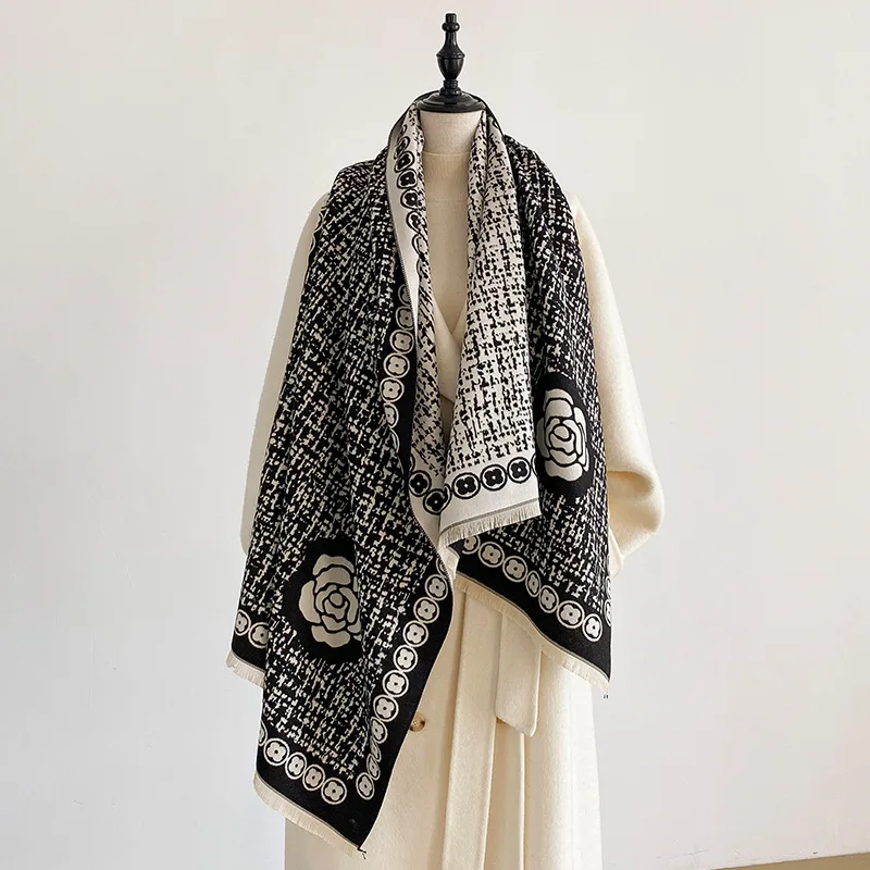 Scarf Women Camellia Border Double Sided Jacquard Imitation Cashmere Shawl Tassel Autumn Winter Warm Wrap Fashion Commute