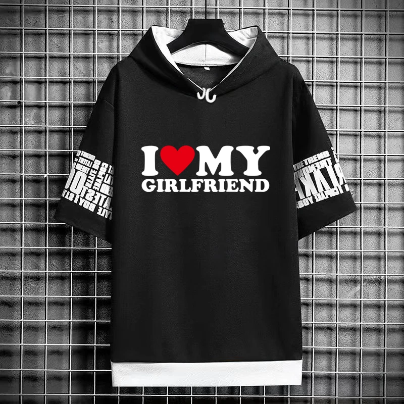 

2025 New in Tops & Tees I Love My Girlfriend T-Shirt Men Women Funny Hooded Short Sleeve Tee Summer Tops Korean Popular Clothes
