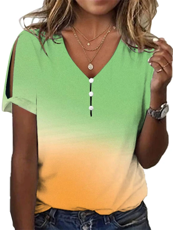 Colorblock oco manga curta v-Neck Top feminino, Plus Size