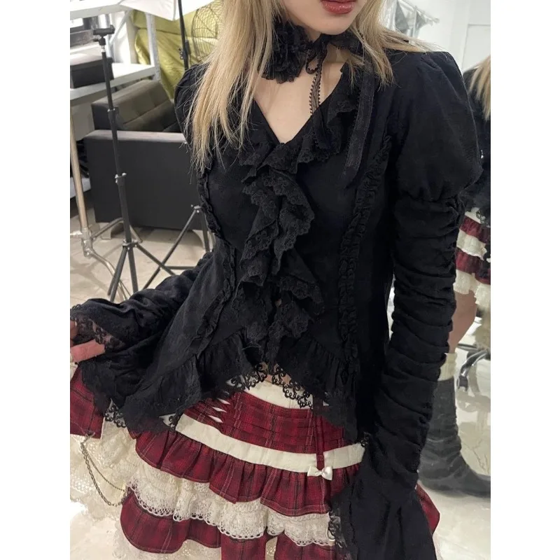 Deeptown Gothic Vintage Black Y2k Lace Shirt Women Long Flare Sleeve Aesthetic Slim Blouses V Neck Grunge Harajuku Spring Korean