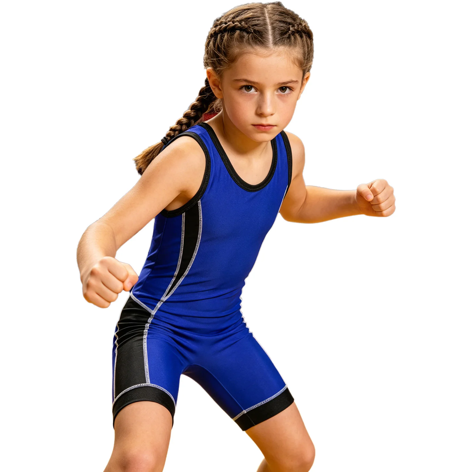 Kinder-Ringertrikot für Jungen und Mädchen, farbblockiert, schnelltrocknend, ärmellos, Oberschenkel-lange Bodysuit für Sport, Training, Übungen und Radfahren – Detail 23