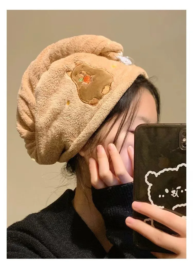 Cute Capybara Printed Coral Fleece Hair Towel Wrap Super Absorbent Fast Drying Hair Turban for Women Spa Bath Gift
