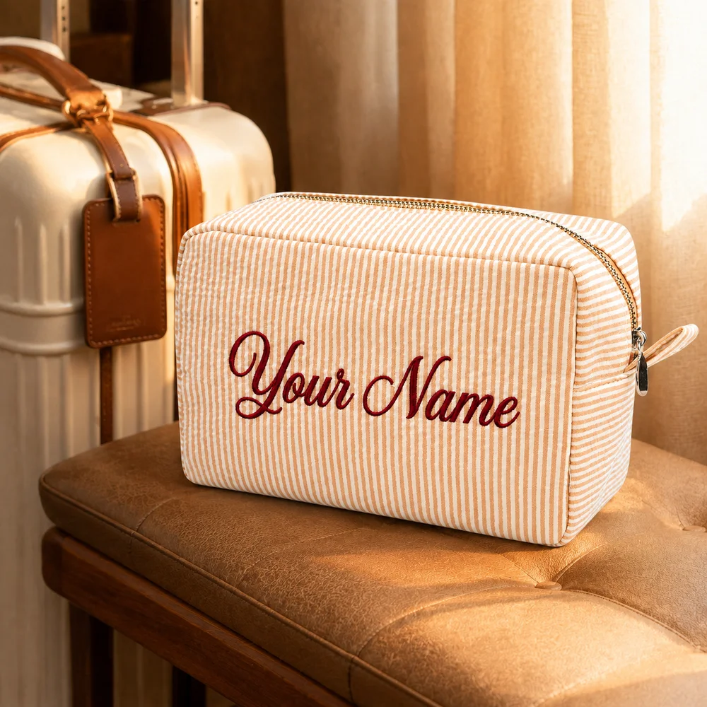 Customized Embroidered Name Cosmetic Pouch, Large Capacity Zipper Toiletry Bag, Portable Travel Makeup Organizer for Girls