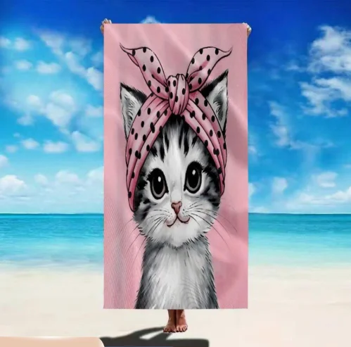 Thickened Extra-Large Beach Towel Pink Cat Pattern Suitable for And Swimming Enthusiasts An Extra-Large Soft Beach Towel