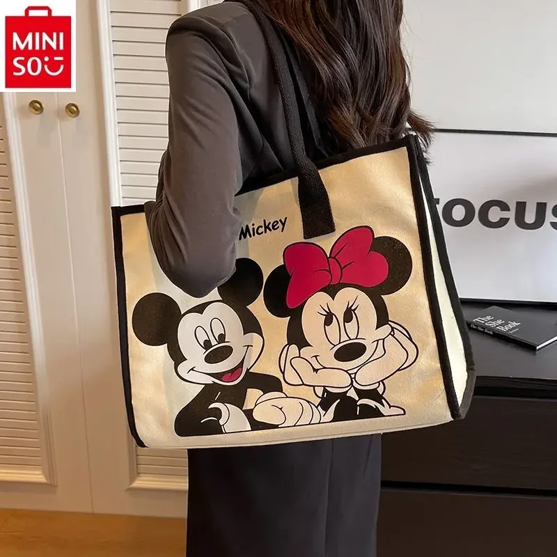 

MINISO Disney Cartoon Mickey Large Capacity Single Shoulder Women's High Quality Canvas Casual Versatile Handheld Tote Bag