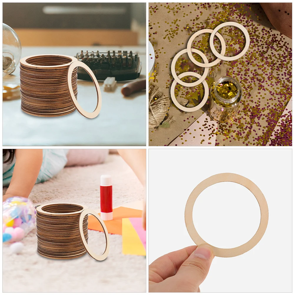 

50Pcs Unfinished Wooden Round Flat Rings Wood Circles DIY Craft Supplies for Macrame Home Decor Projects Wooden Ring