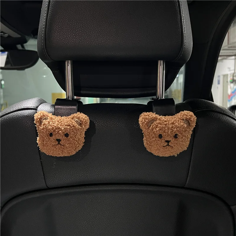 2PCS Cute Cartoon Bear Car Seat Back Hooks Storage Vehicle Headrest Organizer Hanger for Groceries Bag Handbag Car Decoration