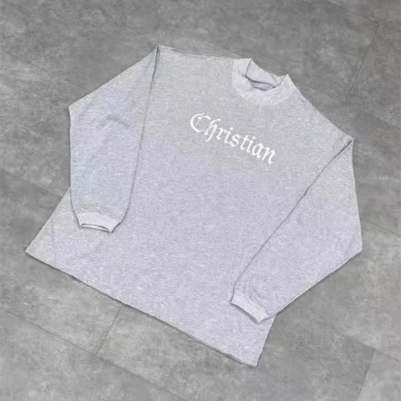 

Серая футболка Kanye West с длинными рукавами High-Street, винтажный топ большого размера для мужчин и женщин, классическая футболка премиум-качества YZY с буквенным принтом