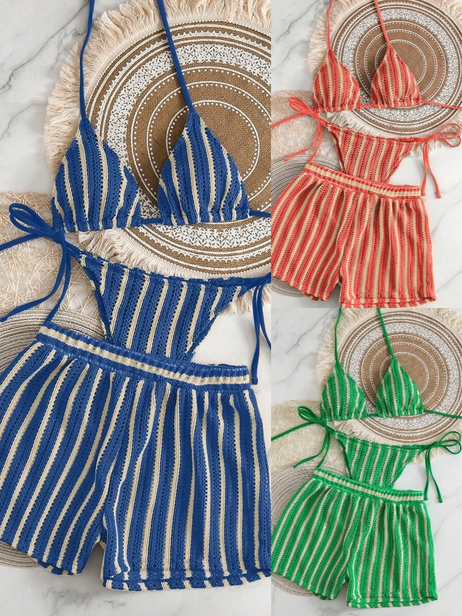Bohemian Knitted Net Split Brief Bikini Women's Swimming Suit Casual Surfing Swimsuit with Chest Pad No Steel Support Polyester