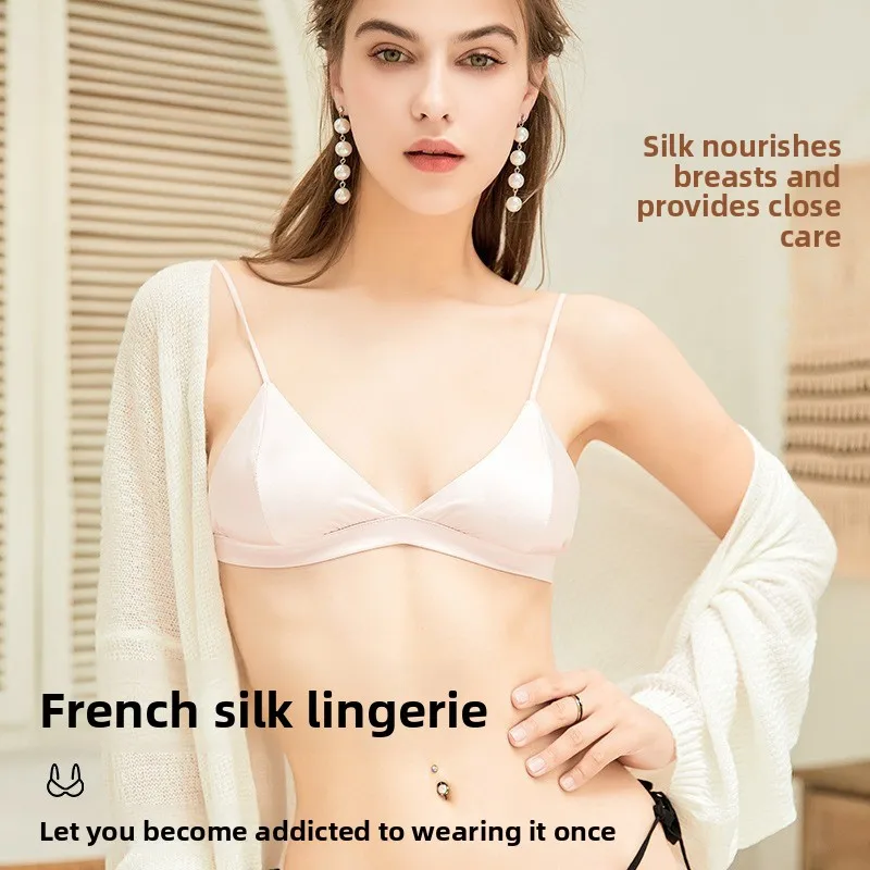 

100% шелковый бюстгальтер без косточек шелковицы, беспроводной бесшовный треугольный бюстгальтер с французской кружевной отделкой, ультрамягкий комфорт для женщин и подростков, невидимый