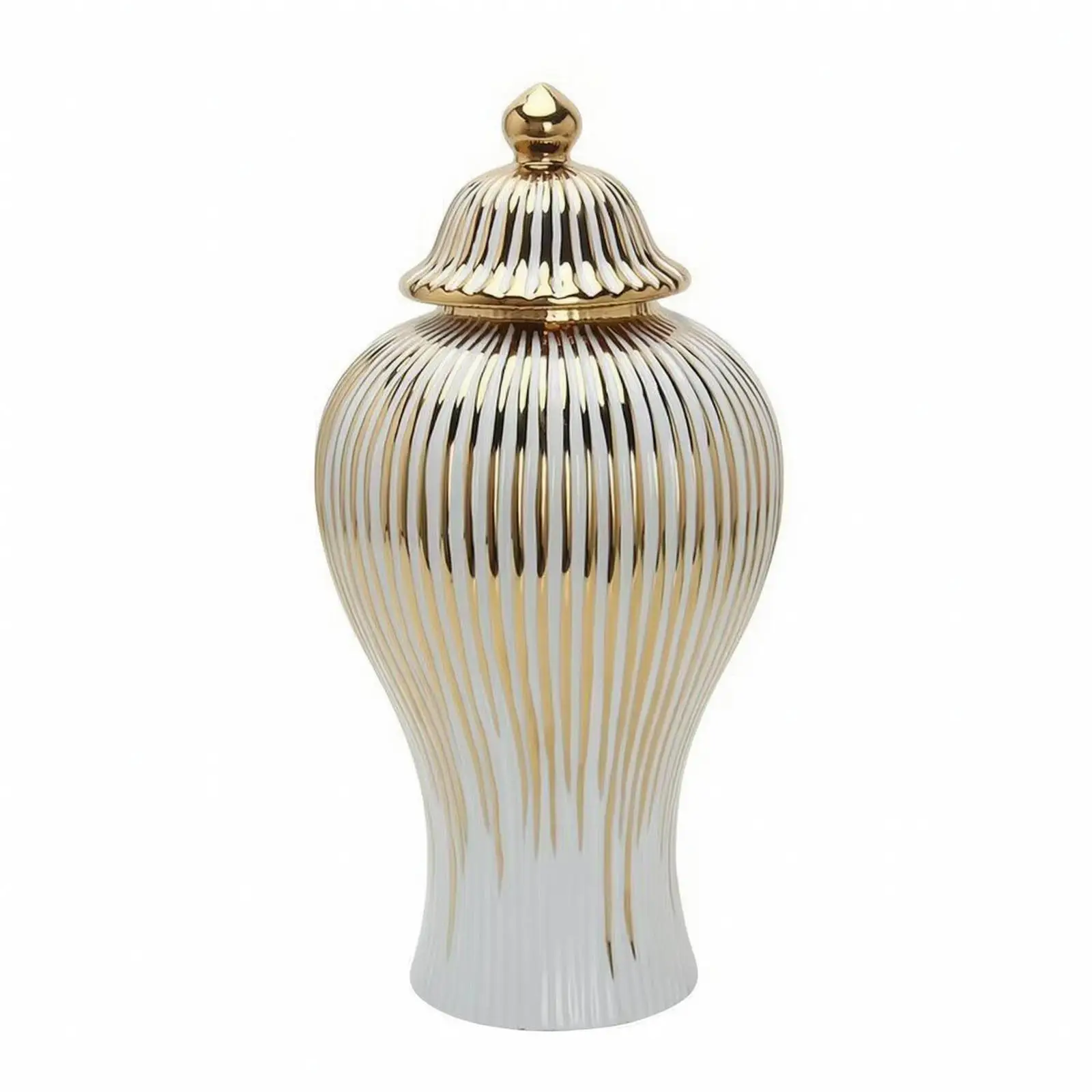 Elegant Ceramic Decorative Vase with Lid Fluted Ribbed Design Gold Accent Home Decor Centerpiece for Living Room Table Display