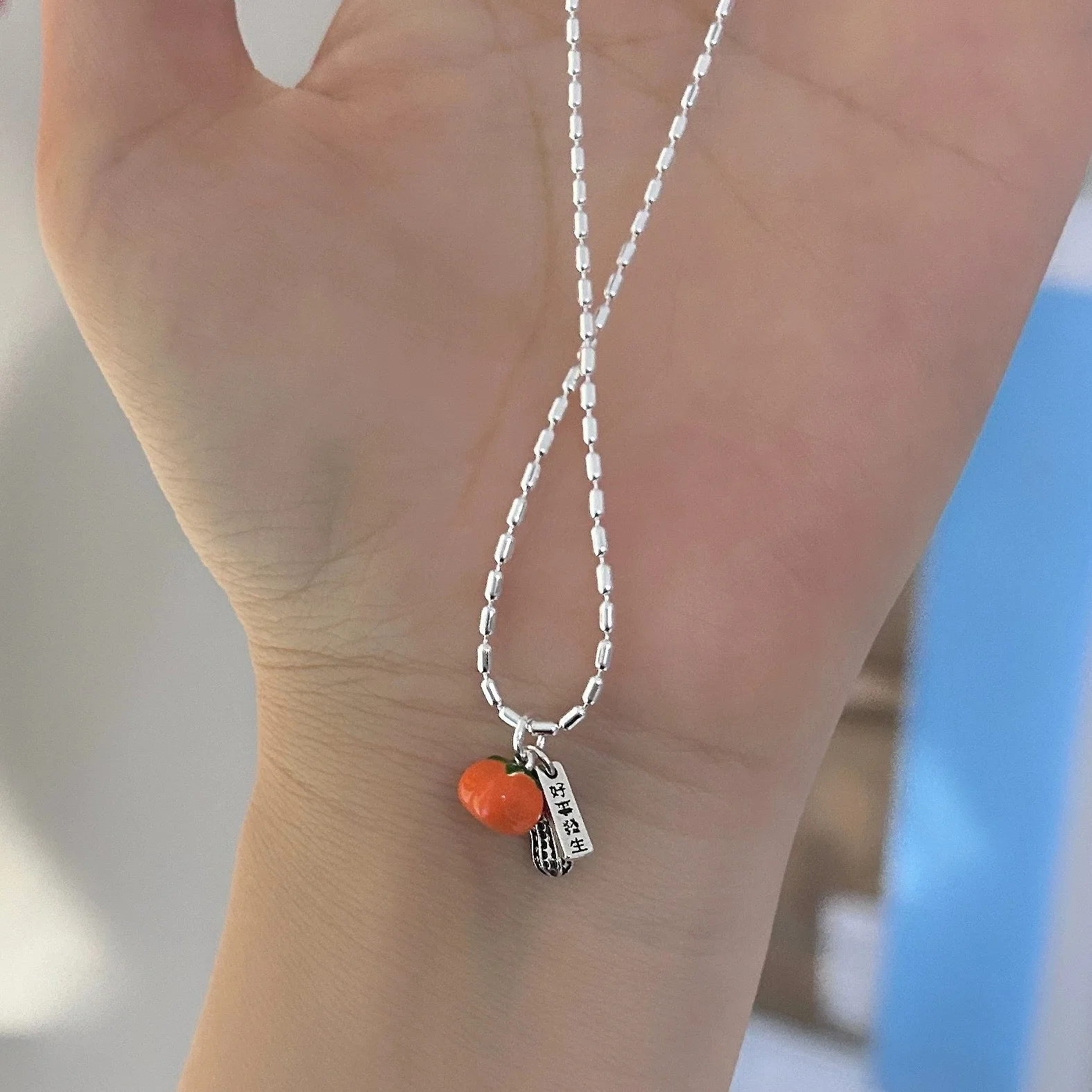 Halskette aus 925er-Sterlingsilber, niedlicher Persimmon, Emaille, chinesisches Wort, gute Wünsche, für Frauen und Mädchen, Schmuck, Geschenk, Dropshipping, Großhandel