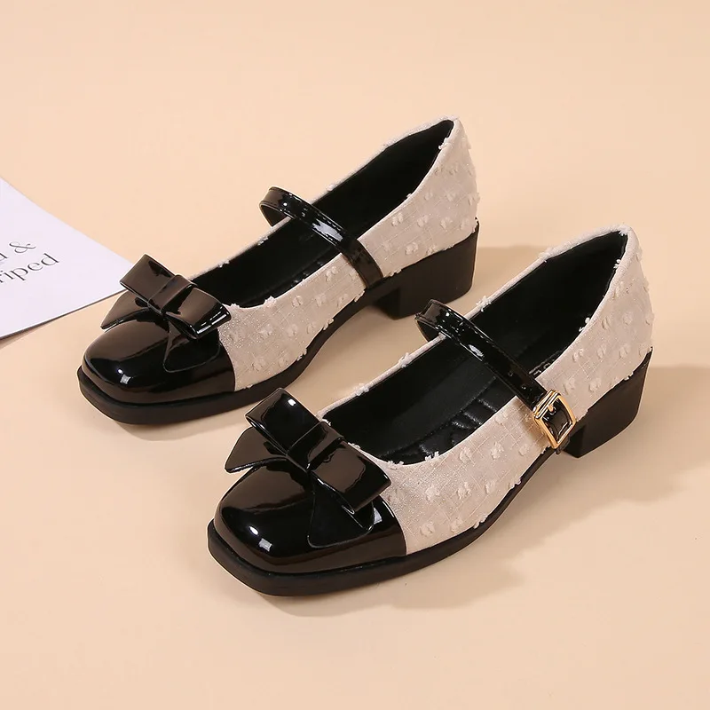 2026 Spring New Soft soled Soft Leather Bow Middle Order Shoes with Skirt Retro French Women's Shoes