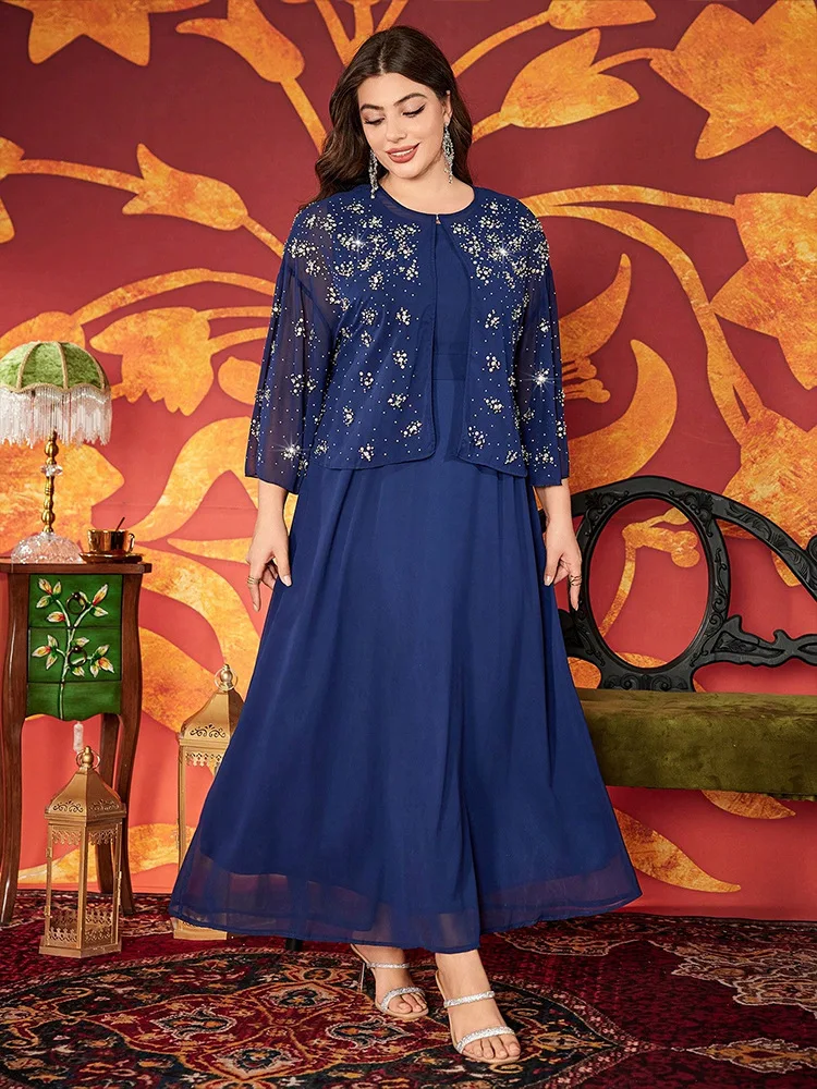 ชุดมุสลิมสำหรับผู้หญิง 2 ชิ้น เสื้อคลุมกิโมโนประดับลูกปัด ชุดเดรสยาว ดูไบ อบายา ตุรกี คาฟตัน เสื้อผ้าอิสลามสุดหรู ชุดคลุมคาฟตันสำหรับผู้หญิง