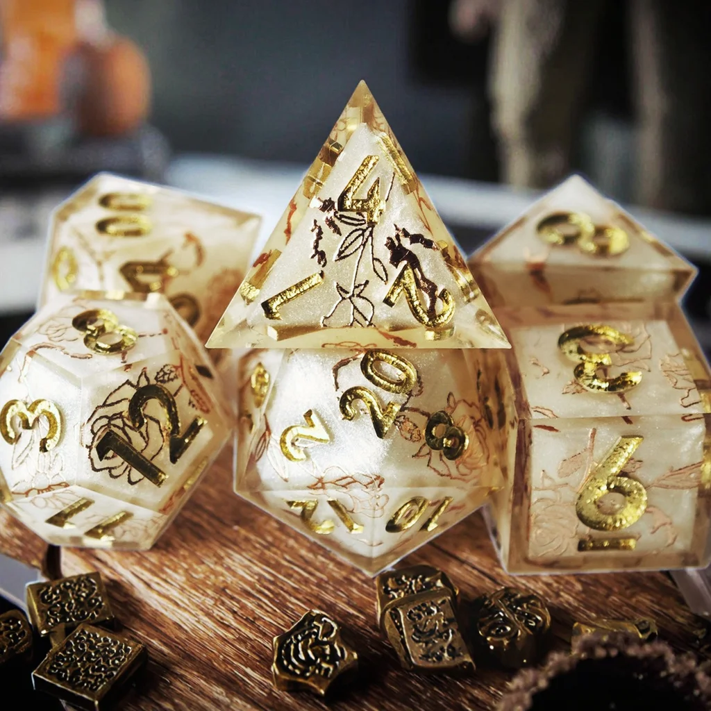 

MINI PLANET DND Набор кубиков ручной работы из смолы с острыми краями для настольной игры TRPG Dragon & Dungeon MP44 Golden Rose Dice D&D