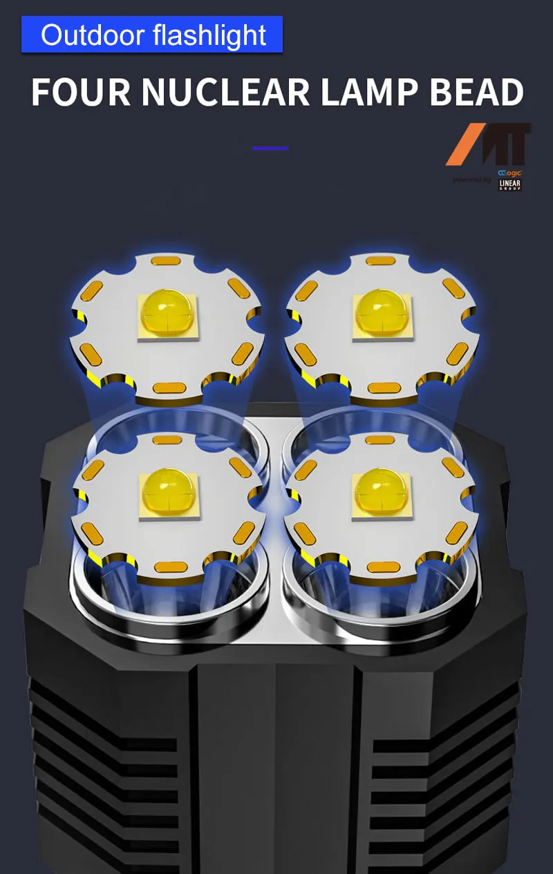 4-core Super Bright Flashlight Rechargeable Outdoor Multi-function P1000 Led Long-range Spotlight Battery Display COB Light