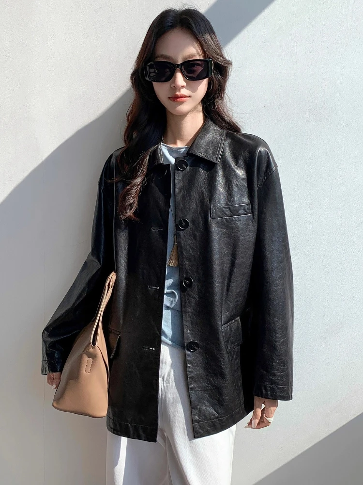 Casual Genuine Leather Blazer Jackets for Women Spring Autumn 2025 New High-end Simple Soft Black Oil Wax Real Sheepskin Coat