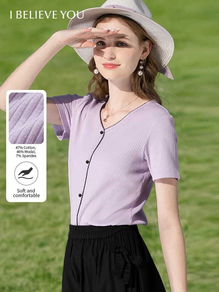 I BELIEVE YOU Purple V-neck Short Sleeved Knitted T-shirt Summer 2026 Color Blocking Embroidered Tee Fake Placket Top 2251016041