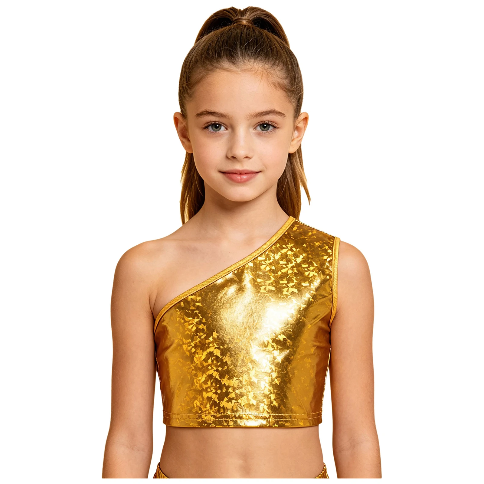 Kinder Jungen Ärmelloses Glänzendes Crop-Top Mädchen Hip-Hop Jazz-Tanz-Oberteil Einschultriges Metallic-Crop-Top Jazz-Tanz-Auftrittskostüm – Detail 10