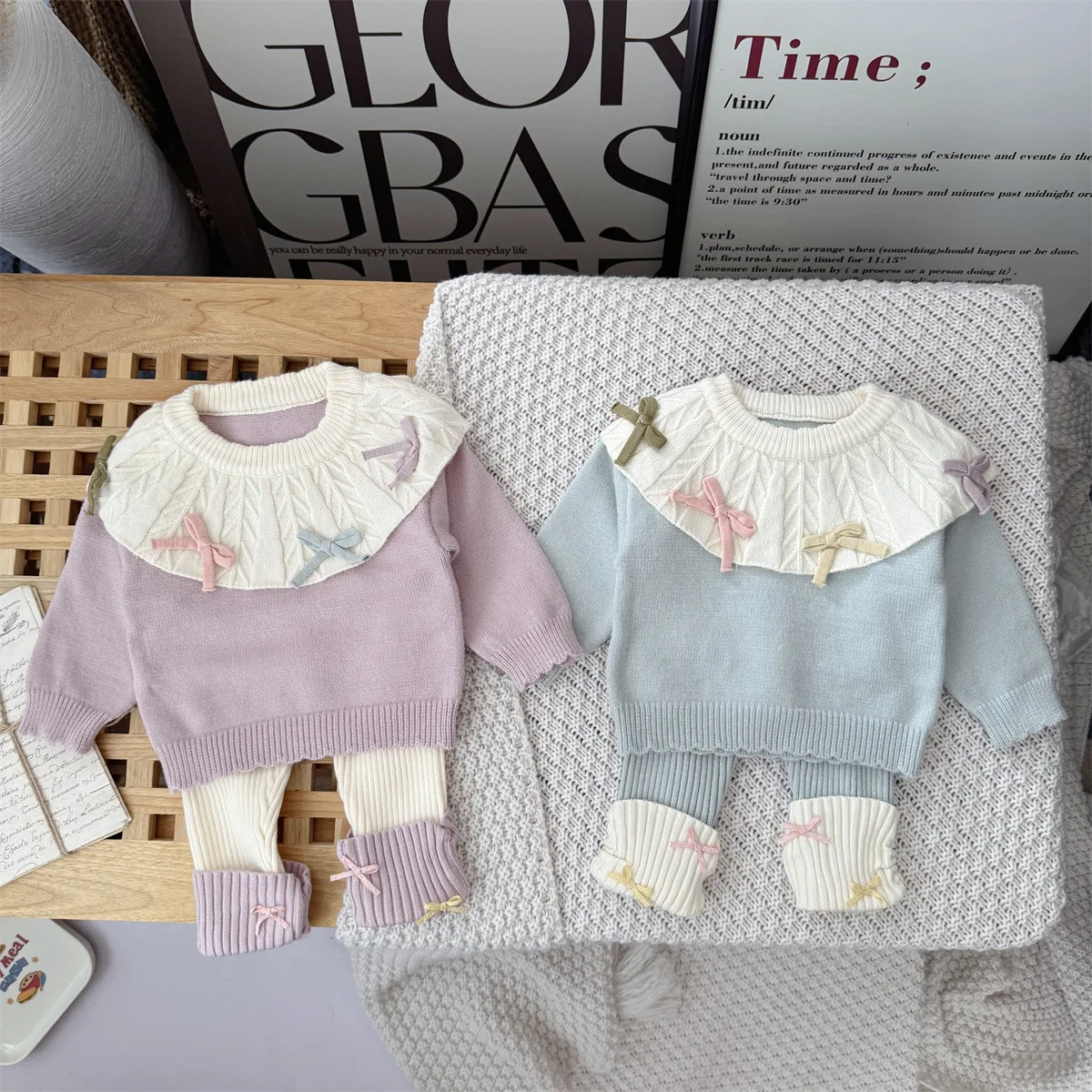 5487 Baby Clothing Set 2026 Autumn And Winter Knitted Wool Suit Baby Doll Collar Bow Sweater+ Leggings Girl's Two-piece Suit