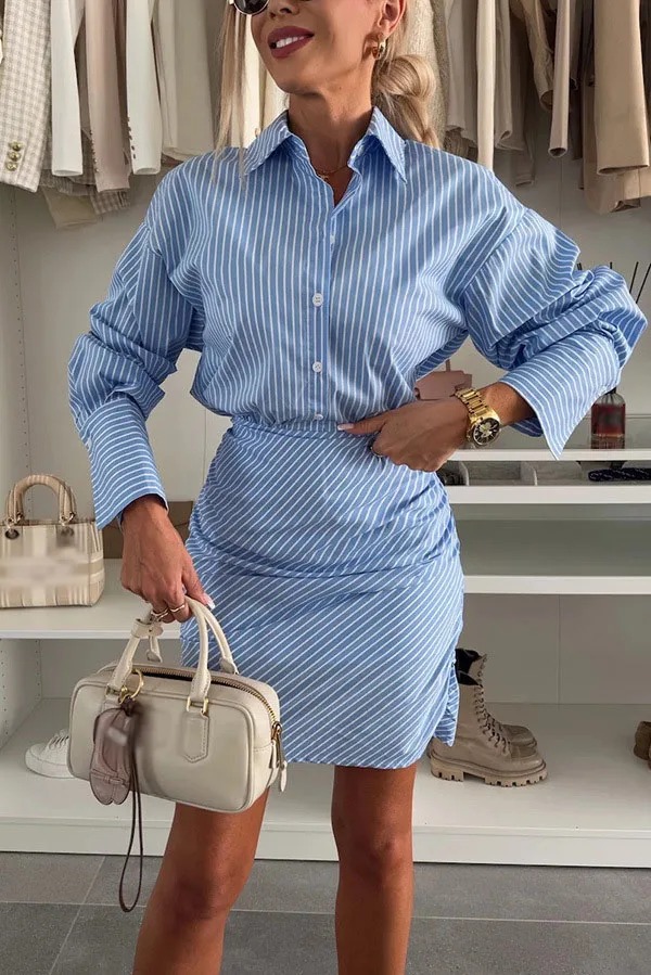 Fashion Striped Print Shirt Dress Elegant Office Lady Long Sleeved Lapel Button High Waist Slim Package Hip Dresses Commute