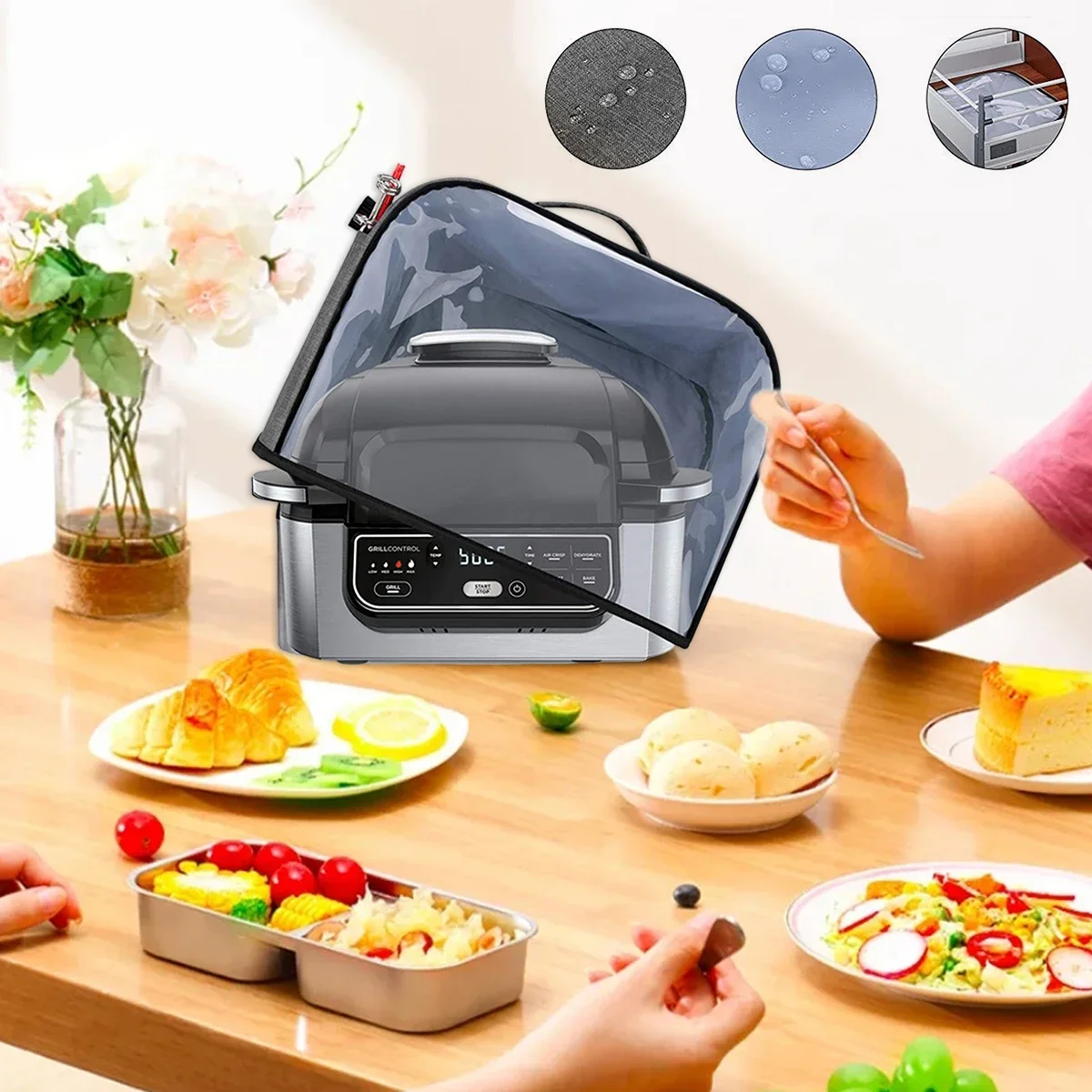 Air Fryer Dust Cover for Ninja Foodi AG301 AG302 AG400 Waterproof Oxford Fabric Kitchen Toaster Dust Cap with Storage Pockets