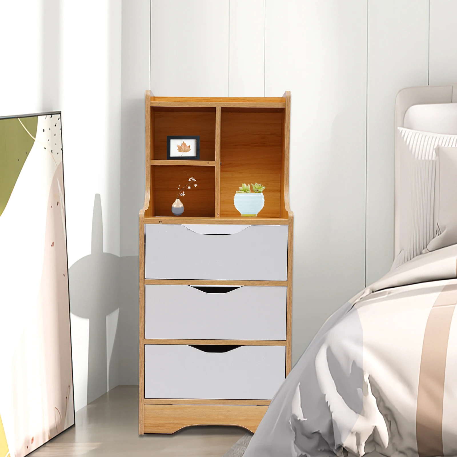 White Nightstand 3 Drawers with Open Storage Cabinet Bedroom Side Stand Cabinet Tall Nightstand Bedside Tables with Storage