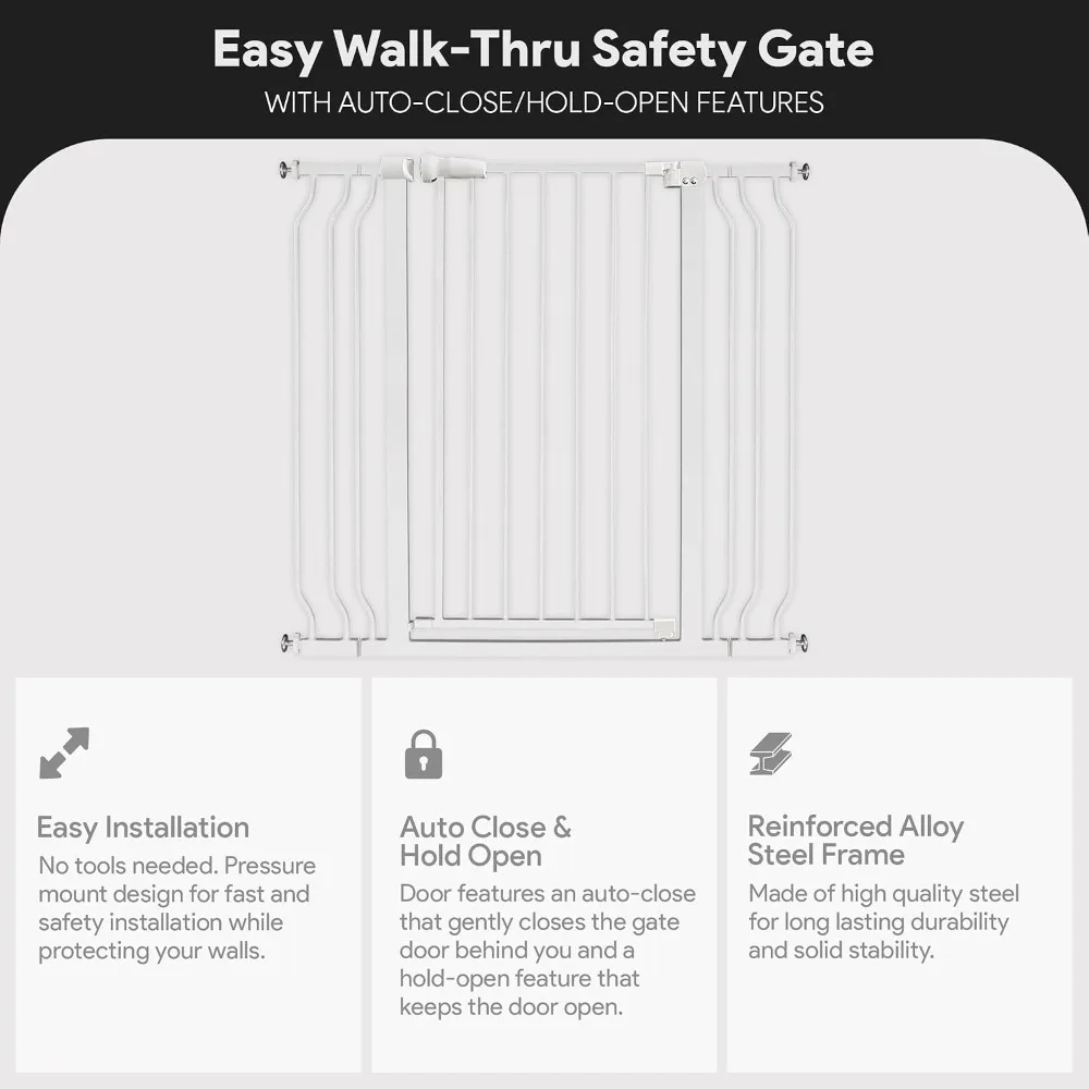 Easy Walk-Thru Safety Gate 29.1-43.3 in Adjustable Steel Barrier for Stairs Doorways Hallways