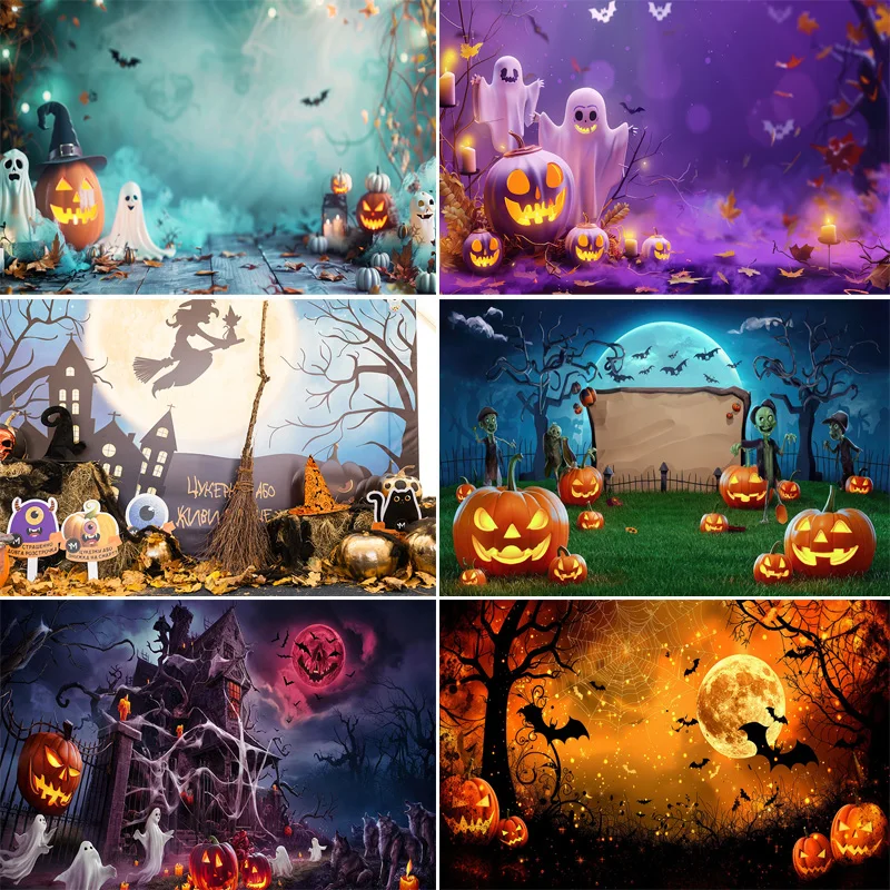 ผี Jack-o'-Lantern วันฮาโลวีนการถ่ายภาพฉากหลังปราสาทปีศาจสยองขวัญฟักทอง Moon Hallows-Eve พื้นหลัง KB-13