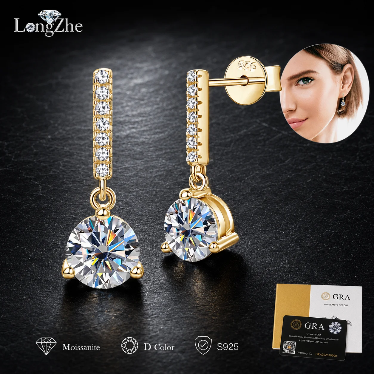 LongZhe 925 Sterling Silver Moissanite Dangle Earrings For Women Tassel Drop Gold White Color Jewelry Gift GRA Certificate