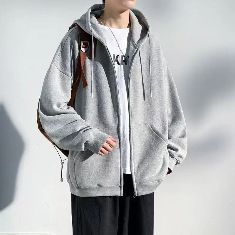 Men's Spring 2027 Hooded Sweatshirt Jacket, Lightweight and Loose-Fitting Fall Top, Available in Gray, Black, and Brown.
