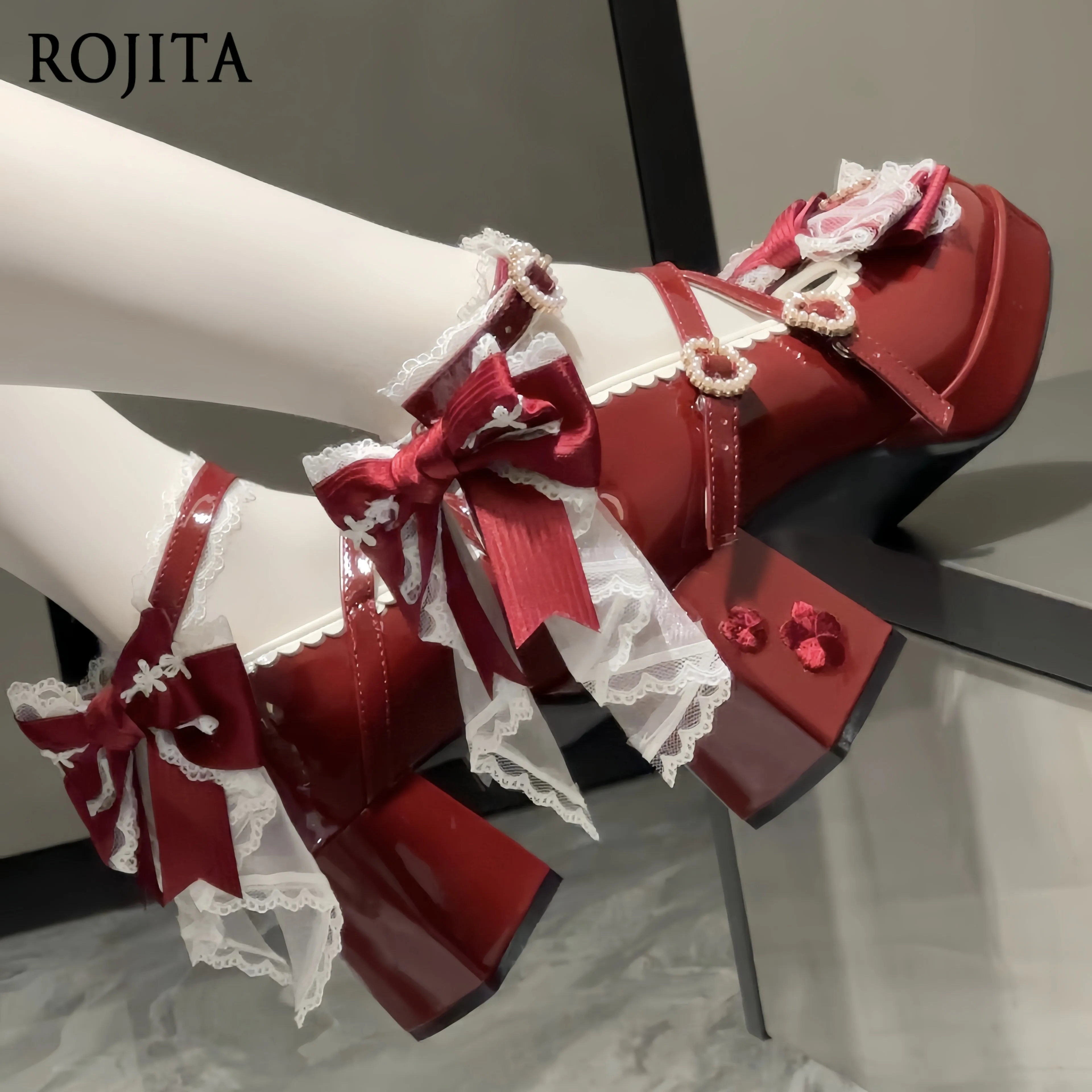 

Sweet Lolita Mary Jane Shoes with Lace Bows Cherry Blossom Heel Platform Block Heel Shoes Ballet Elegance Round Toe Lolita Shoes