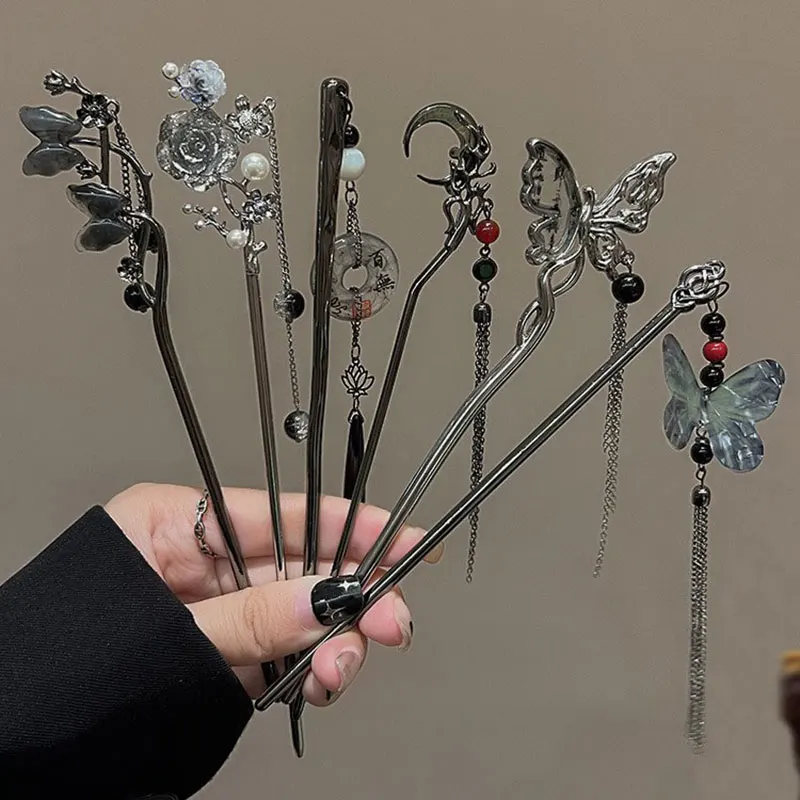 2025 New Chinese Style Butterfly Flower Tassel Hair Stick for Women Vintage Metal Hanfu Chopstick Hair Sticks Hair Accessories