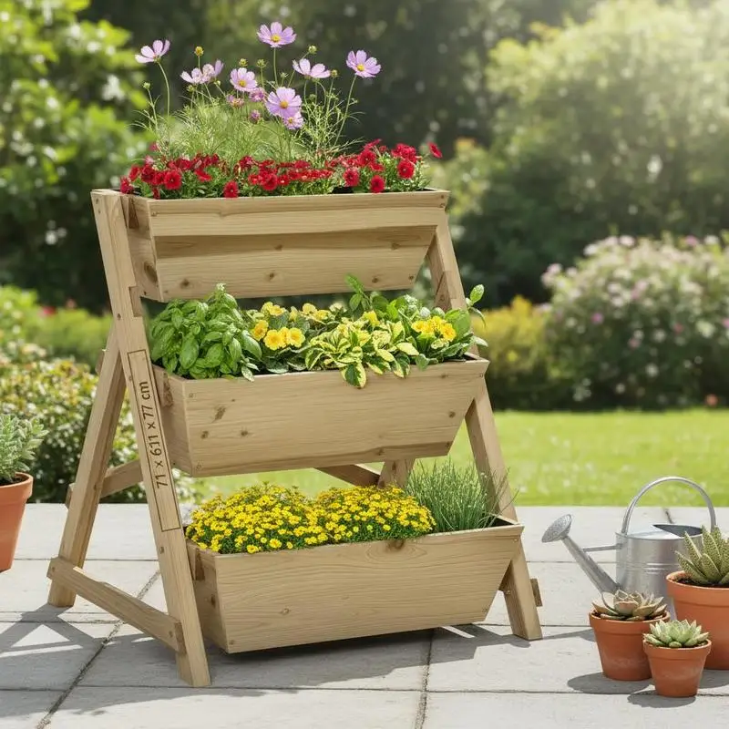 Support floral d'escalier à 3 niveaux en bois, dimensions 71x61x77cm, style naturel, pour balcon, jardin, usage extérieur et domestique