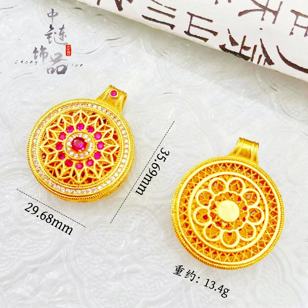 Diamond-set rose window pendant, hollow gold wire sunflower 9999gold