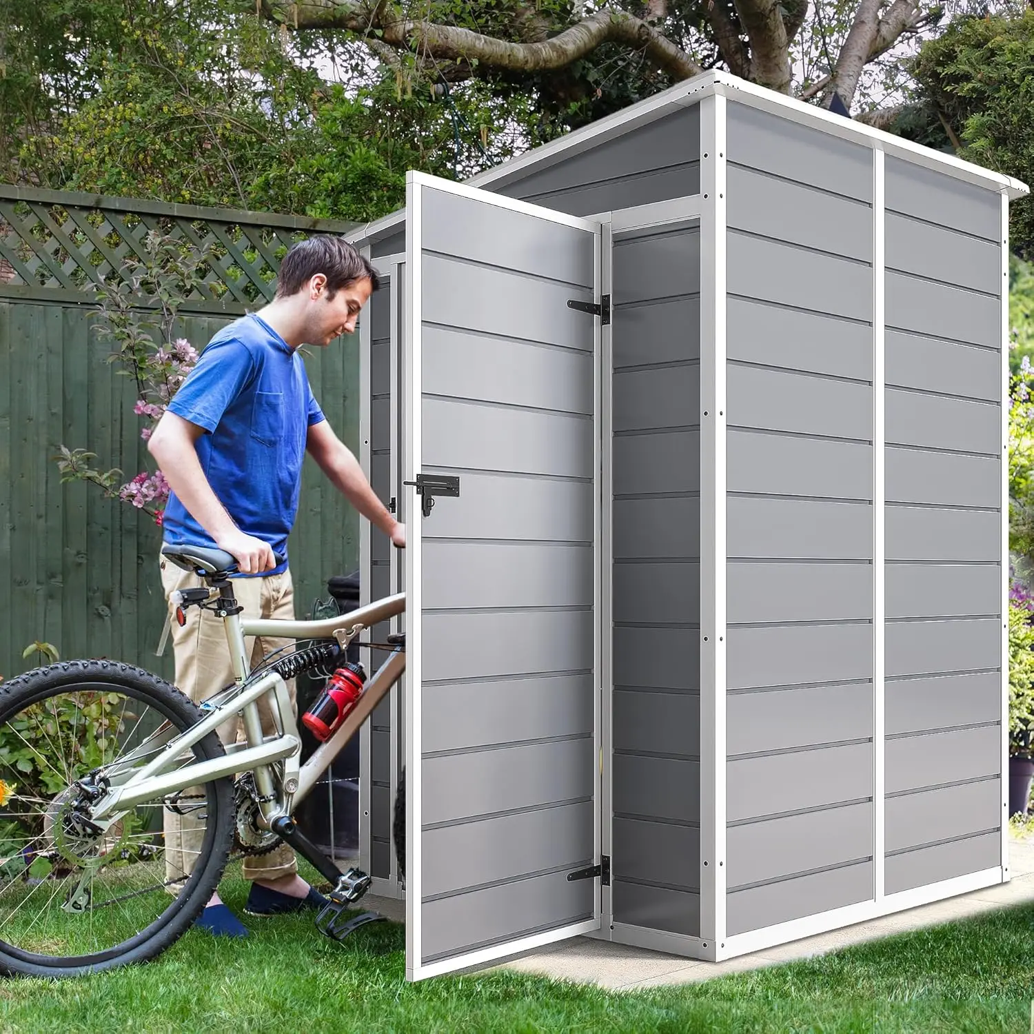 Dwvo 5X4Ft Resin Outdoor Storage Shed With Floor, Large Waterproof Lockable Storage Shed With Window, Plastic Outside Tool